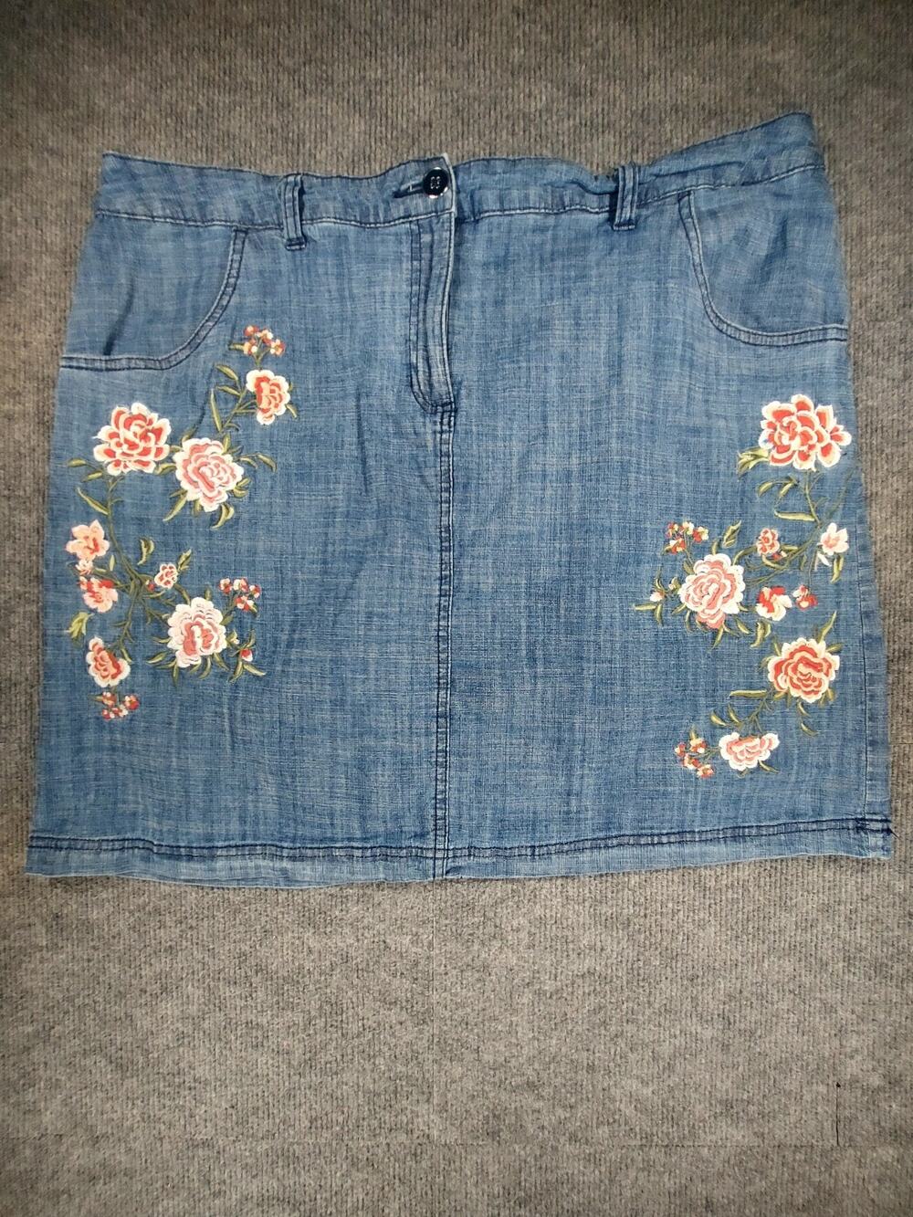 Karen Scott Embroidered Denim Skort Womens 16 Floral Blue Chambray Jean Skirt